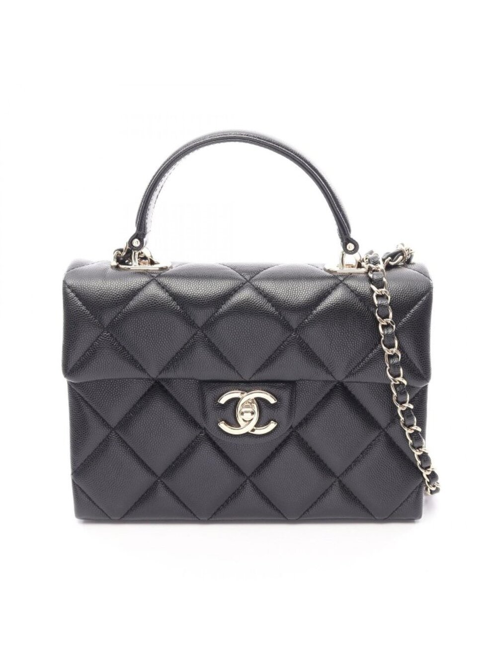 Chanel Shoulder Bag Quilted Top Handle 2-Way Black Caviar Leather Chain